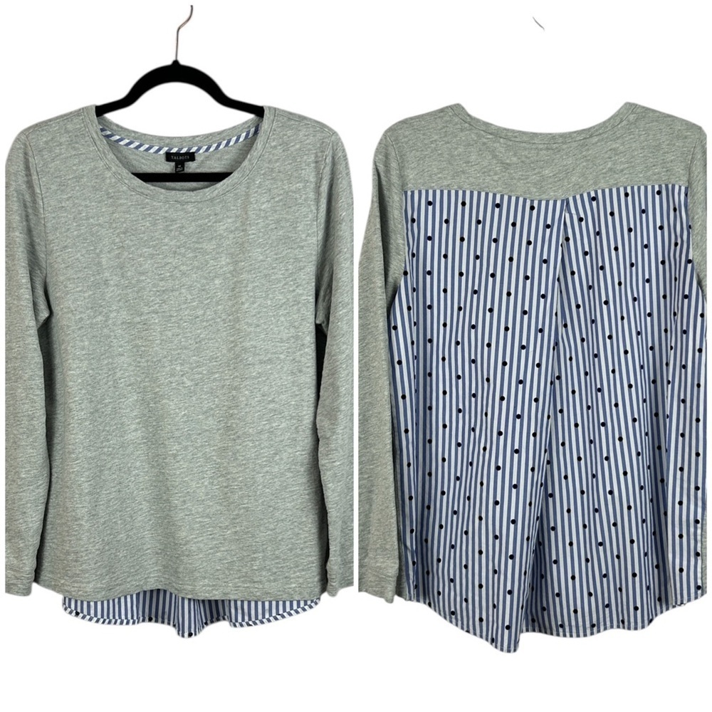 Talbots Cotton Mix Media Striped Polka Dot Long Sleeve Top Medium Grey Blue